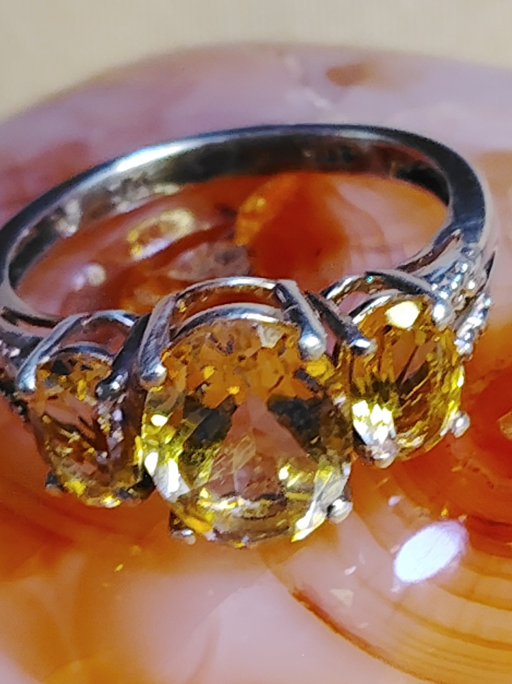 STERLING SILVER & 💥BRAZILIAN CITRINE TRIO RING. PRECISION CUT STONES.